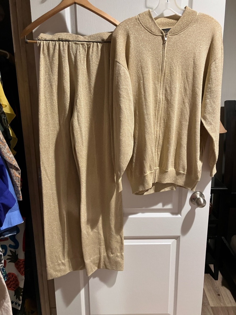 Women's Gold Metallic Zip-Front Sweater & Pull-On Pants Set